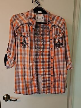Roar Orange, Gray and White Plaid Embellished Button-Front Shirt